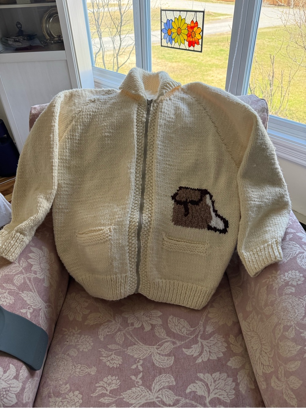 Cream Zip-Front Men’s Wool Sweater with Brown Accent Patch